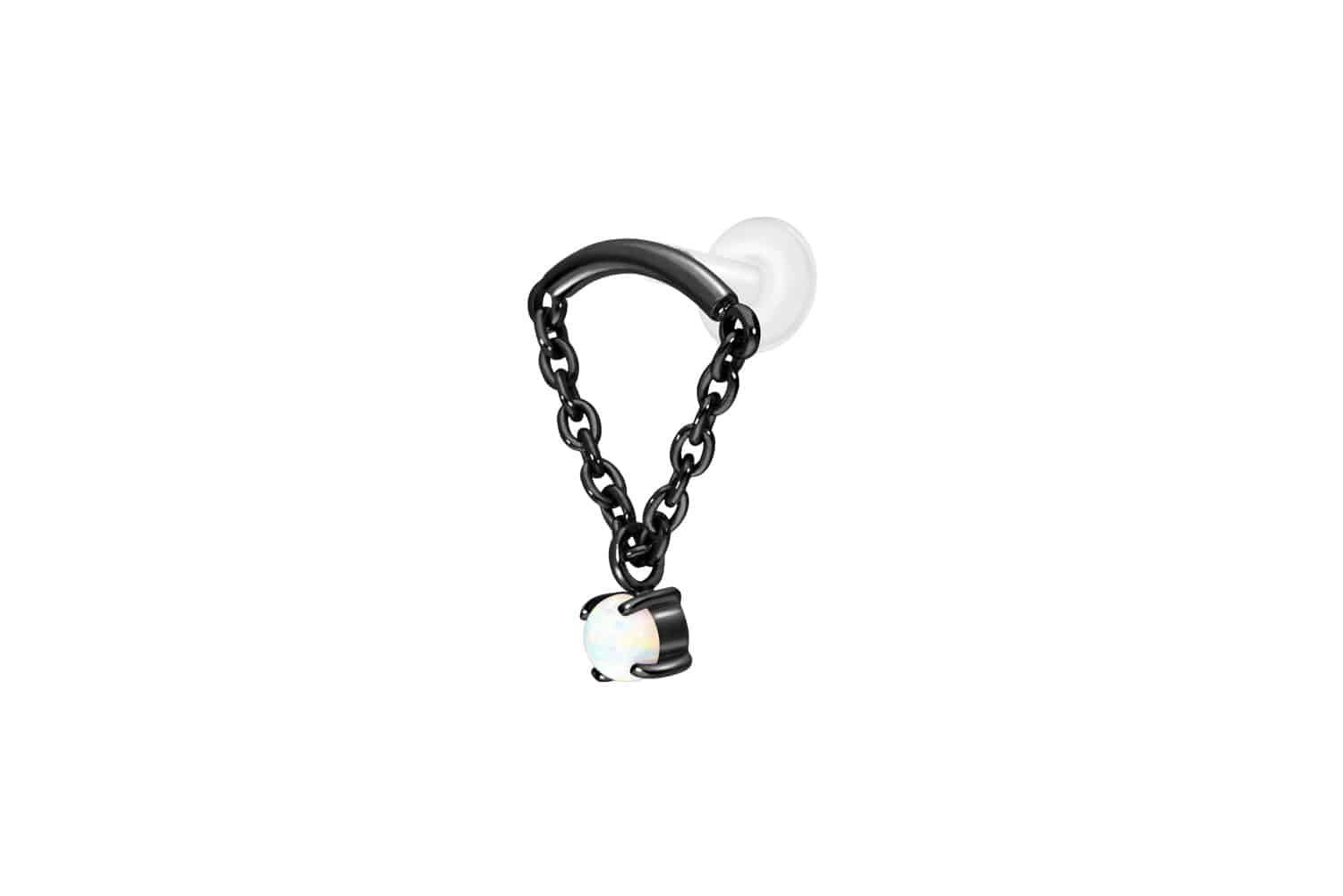 PTFE Labret Piercing mit Innengewinde + Titan-Aufsatz BOGEN + KETTE + SYNTHETISCHER OPAL